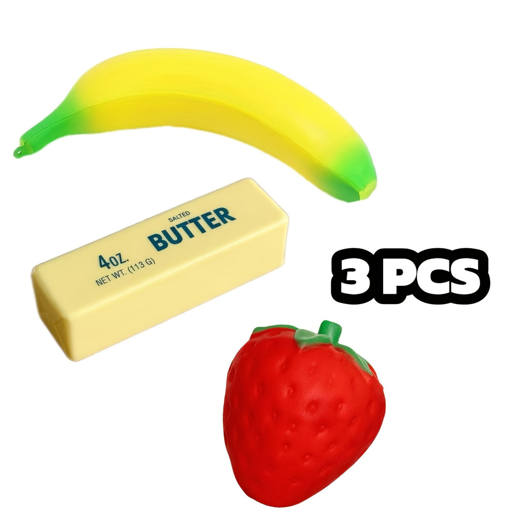 3PCS Butter & Fruit Squishy Set – Strawberry, Banana & Butter