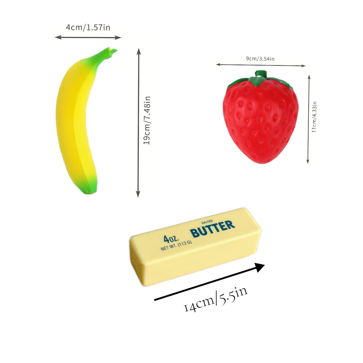 3PCS Butter & Fruit Squishy Set – Strawberry, Banana & Butter