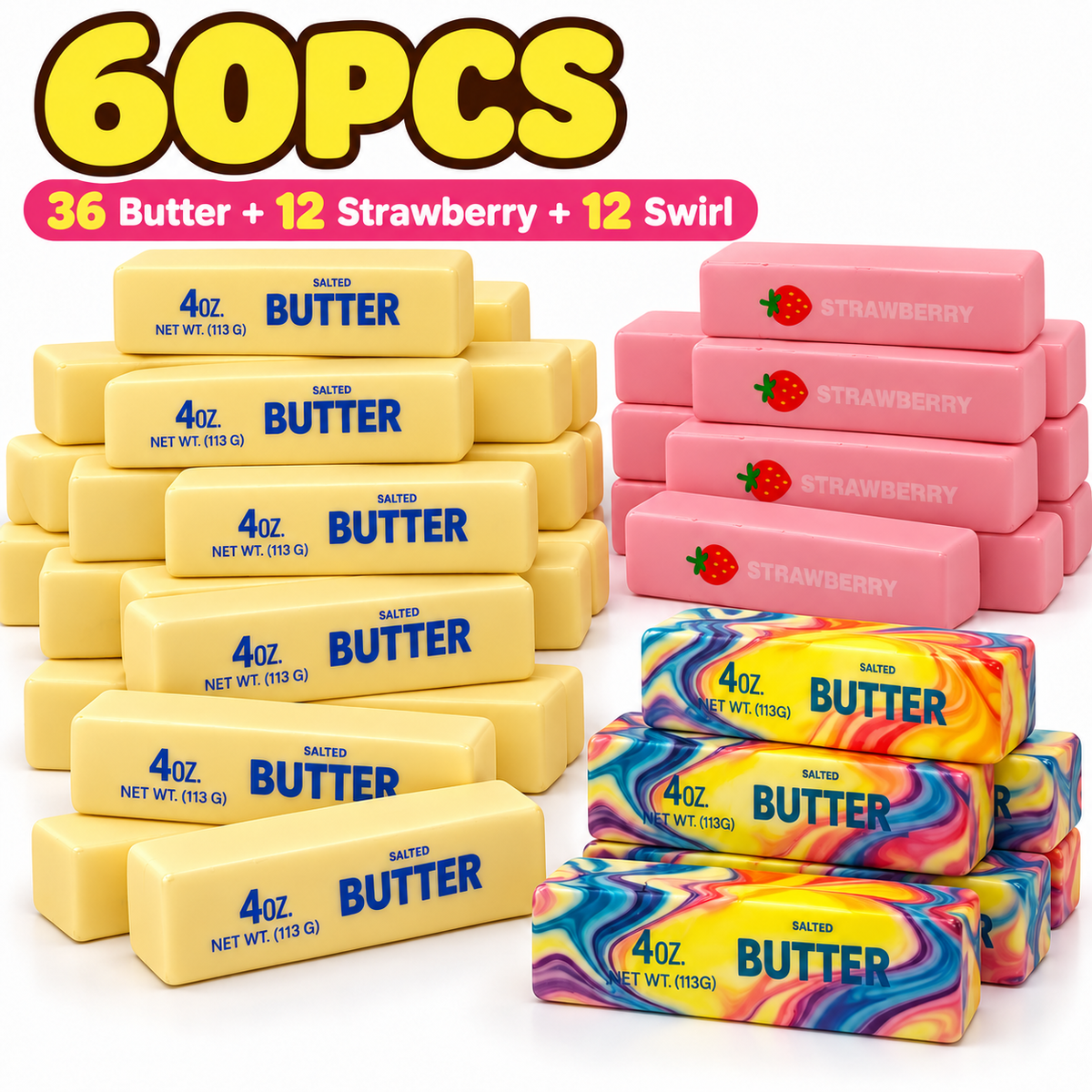 60PCS Assorted Squishy Pack – 36 Butter + 12 Strawberry + 12 Swirl