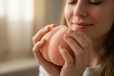a person holding a peach squishy toy and smell it