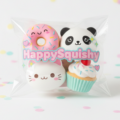 a plastic packing bag with cute words HappySquishy and some cute squishy
