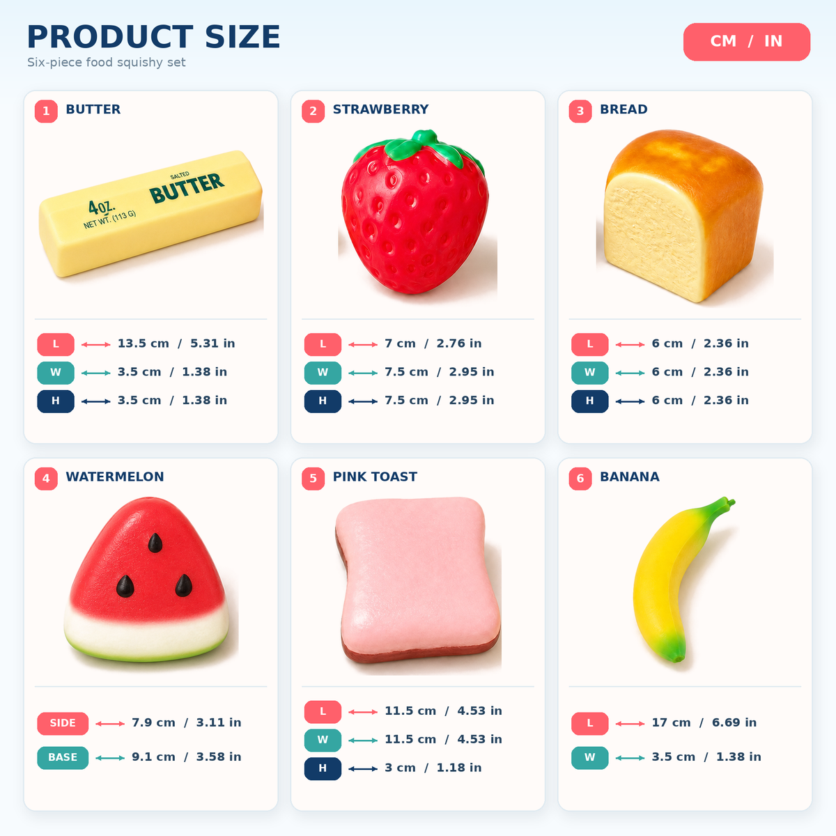 6PCS Food & Fruit Squishy Variety Pack