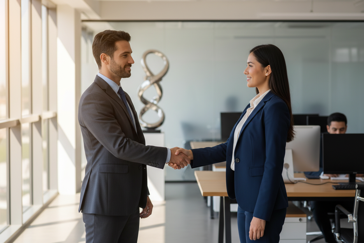 Two business people shook hands to signify their collaboration.